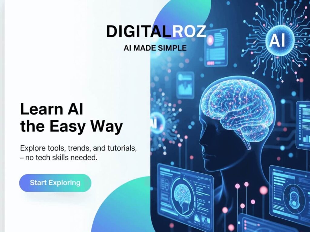 Homepage banner showing Digitalroz AI blog tagline and abstract artificial intelligence visuals